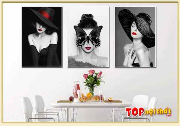 Tranh canvas hình cô gái 3 tấm đen trắng treo trên bàn ăn TraTop-3553