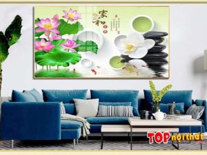 Tranh tráng gương hoa sen 3D trên sofa L đẹp TraTop-3190